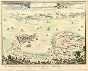 Uitzicht op de Straat van Gibraltar en de omgeving, met de loopgraven van het beleg in 1704